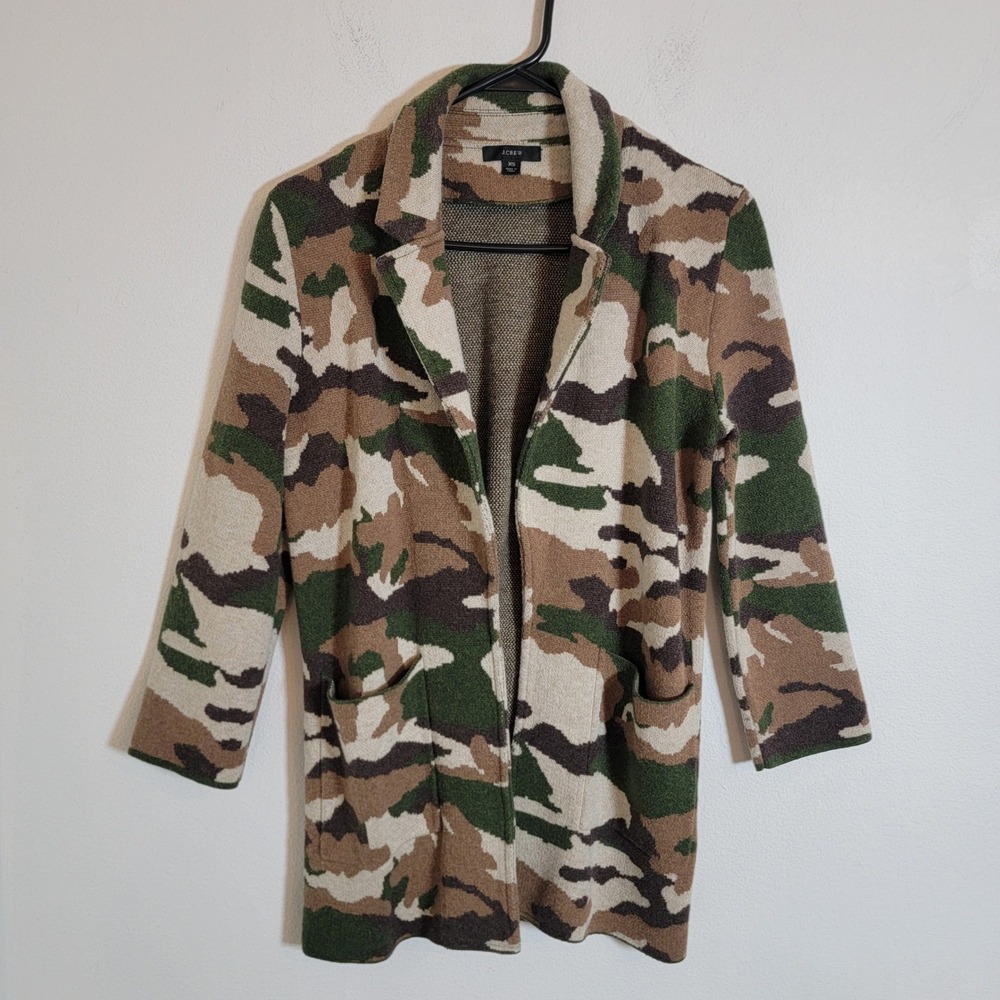 J.Crew Camo Merino Wool Blend Sweater Blazer Green‎ Brown XS Camouflage